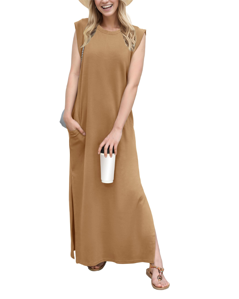 Vestito lungo estivo da donna Erin – senza maniche, collo tondo, spacco e tasche