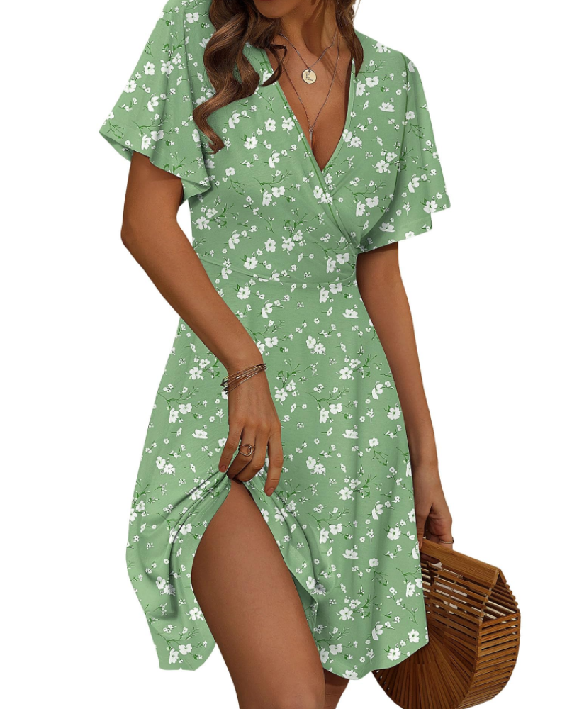 Abito Midi Faith Donna Estate – Incrociato con Scollo a V e Maniche a Volant