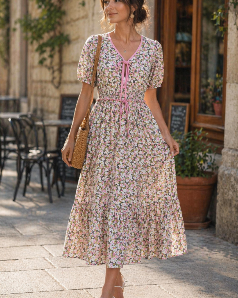 Tasha Robe Midi Femme – Col V, Taille Smockée & Coupe A-Line Élégante Été