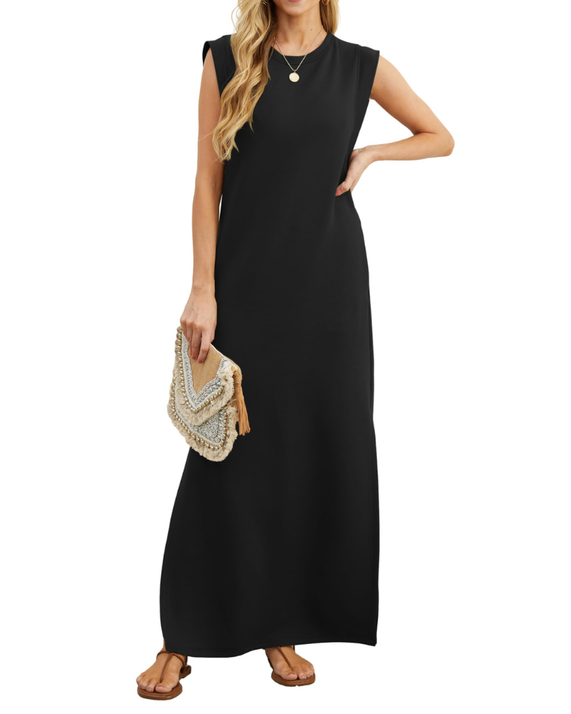 Vestito lungo estivo da donna Erin – senza maniche, collo tondo, spacco e tasche