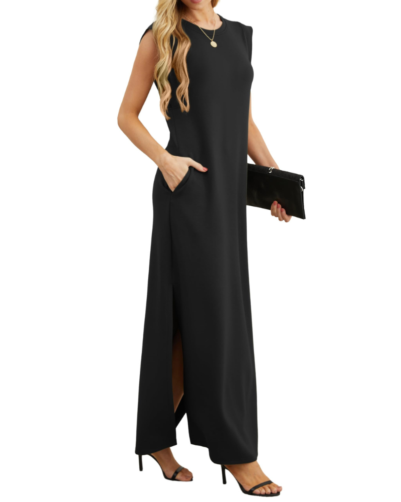 Vestito lungo estivo da donna Erin – senza maniche, collo tondo, spacco e tasche