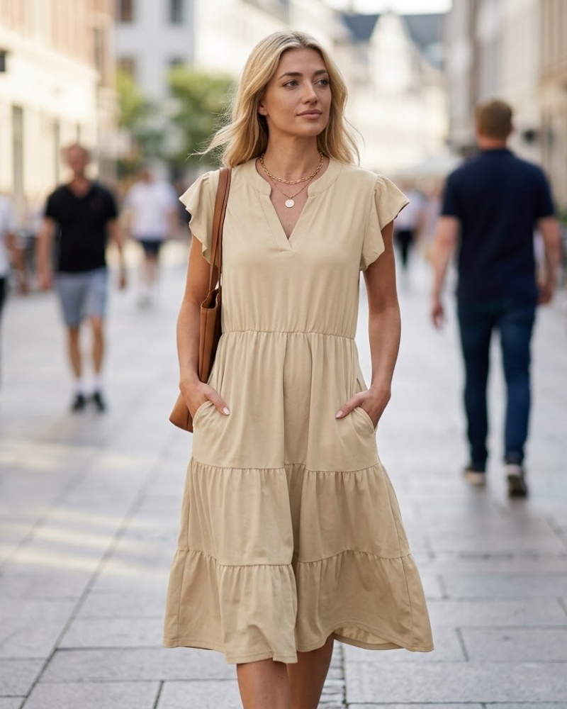 Mila Robe Midi Femme – Robe Col V Volants Sans Manches Avec Poches Été