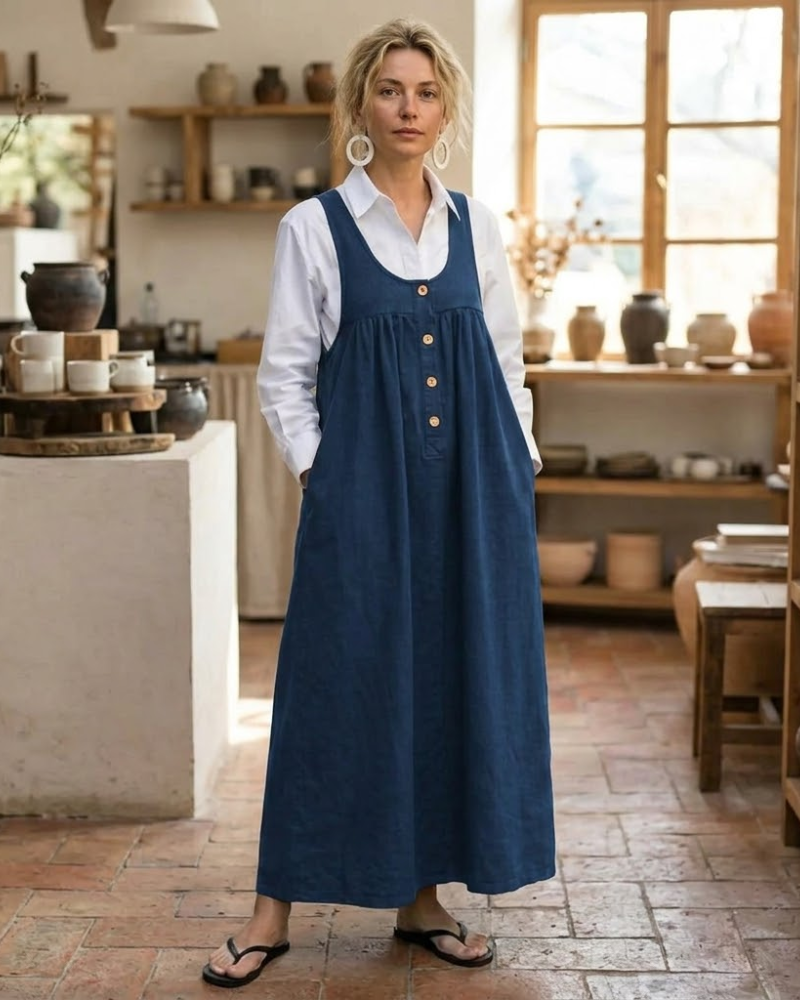 Clémence Robe Salopette Longue en Denim – Robe Pinafore Vintage à Bretelles Ajustables