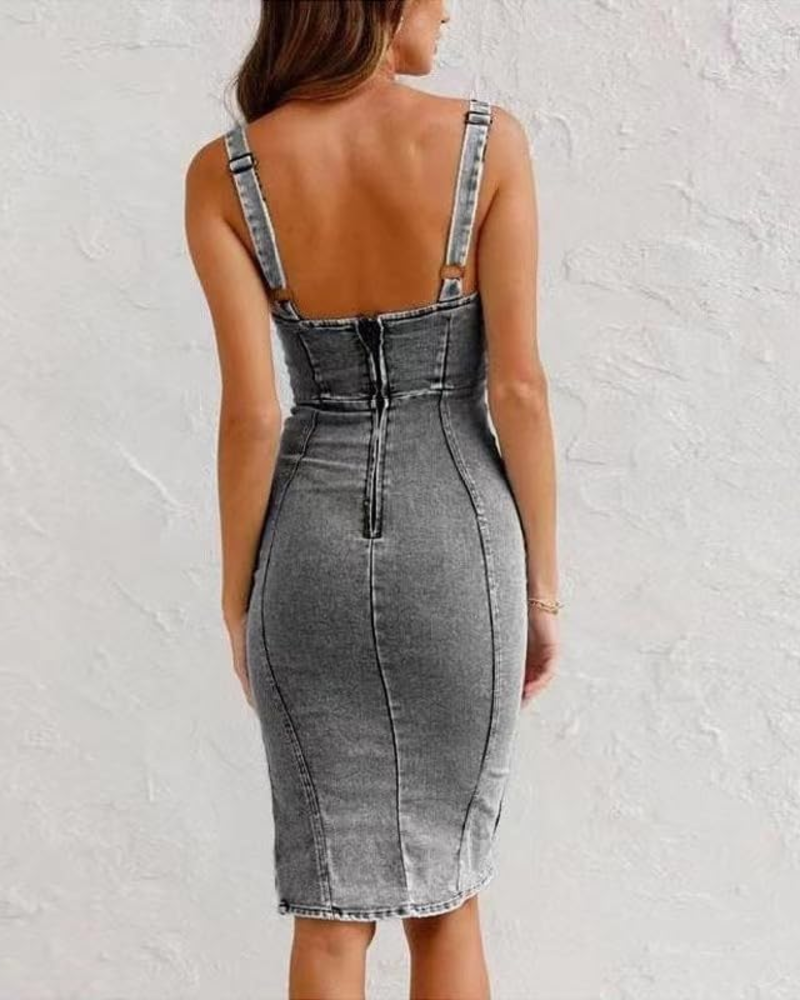 Vestito Midi Bodycon da Donna Maisie in Jeans – Spalline Regolabili e Spacco
