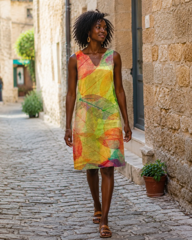 Noléria Robe Femme à Motif Feuilles – Robe Fluide Sans Manches à Col V