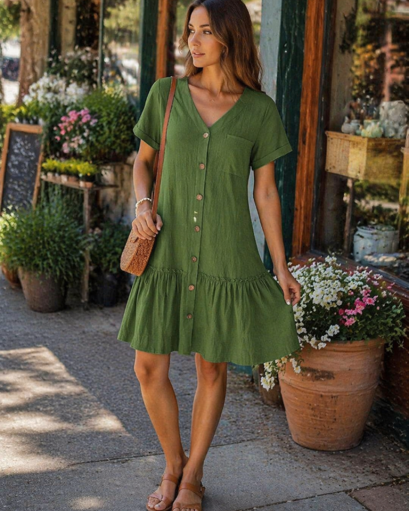 Tianka Robe Femme – Coton & Lin, Col V & Coupe Ample Boutonnée Été Élégante