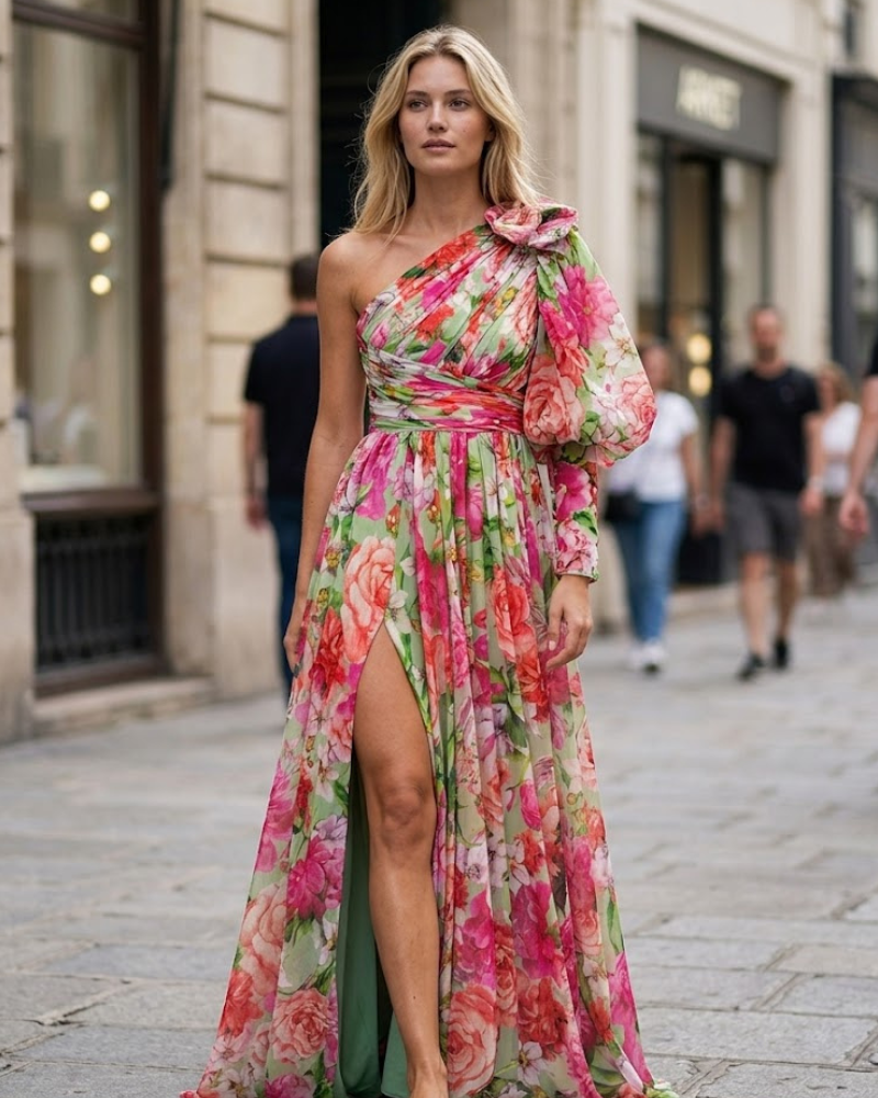 Rossana Maxi šaty pre ženy – Kvetinové šaty s jedným ramenom, volánmi a elegantným rozparkom