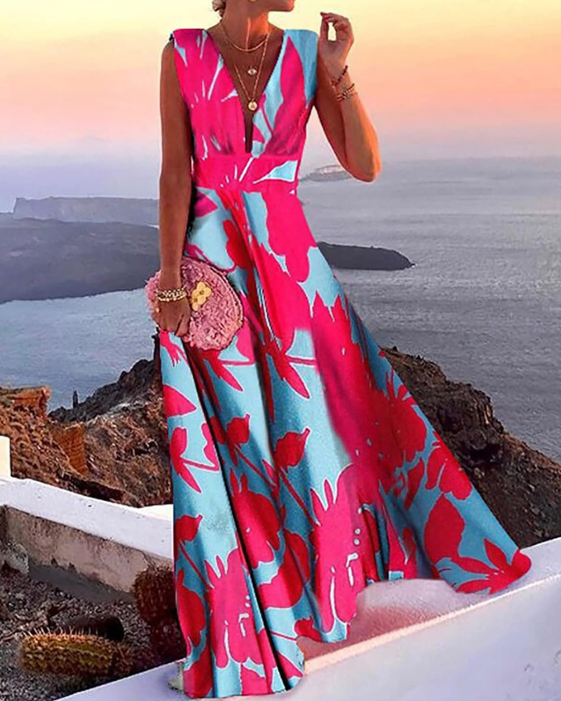 Juanna Damen Kleid mit Print – V-Ausschnitt, Ärmellos, Hohe Taille, Fließender Schnitt