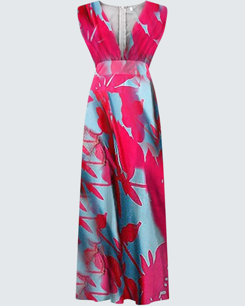 Juanna Damen Kleid mit Print – V-Ausschnitt, Ärmellos, Hohe Taille, Fließender Schnitt