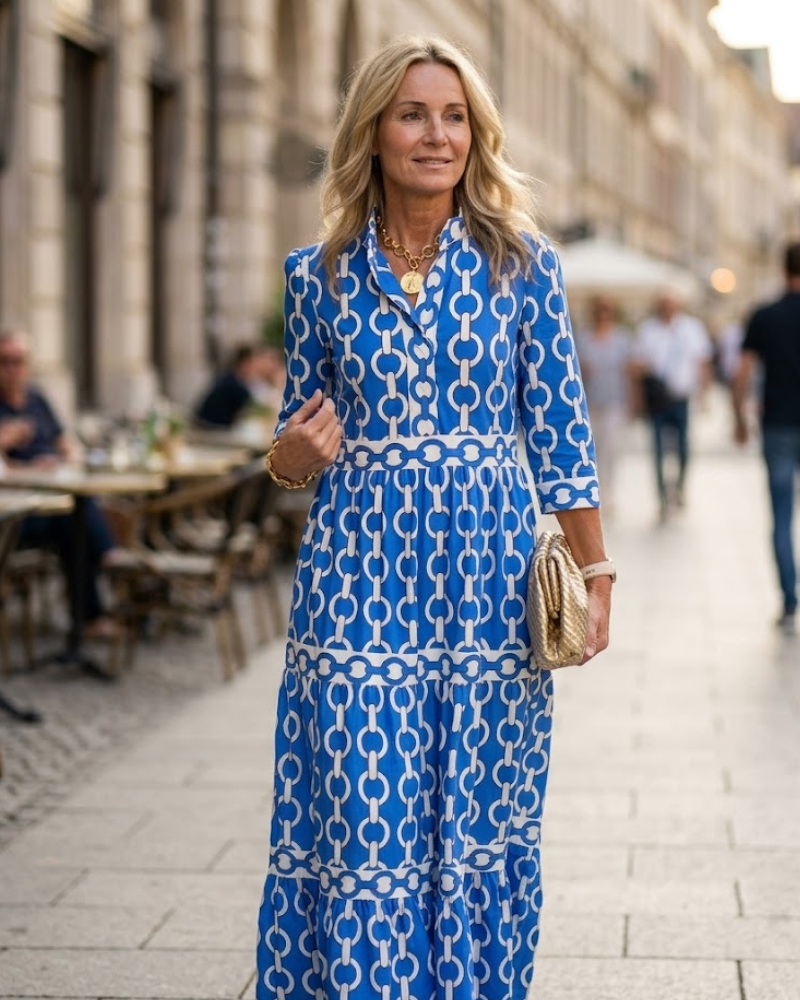 Juliette Robe Midi Femme – Robe Imprimé Chaînes, Coupe Élégante & Style Moderne