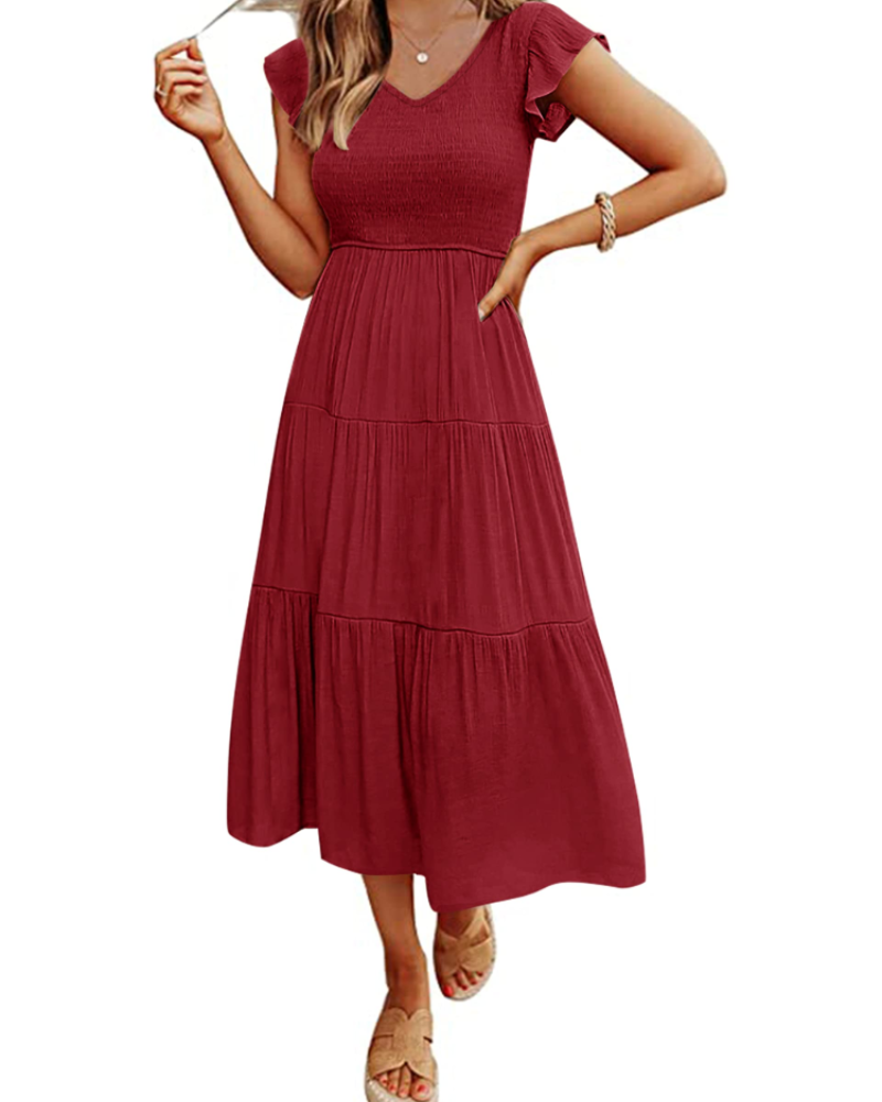 Vestito Midi Skye da Donna – Scollo a V, Arricciato, Maniche a Volant e Tasche