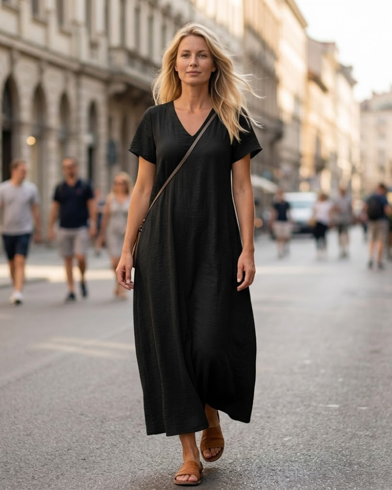 Laura Robe Femme – Robe Longue Lin Col V Coupe Fluide Bohème Confort Été