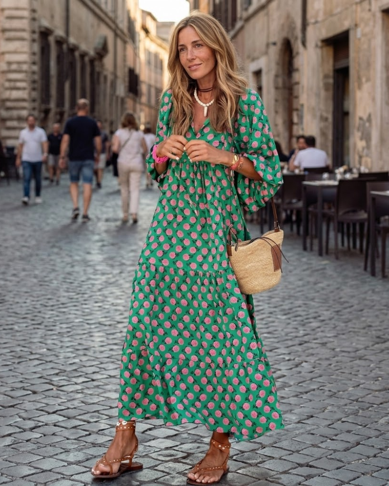 Vestido Maxi Boémio Amélie para Mulher – Vestido Longo Fluído com Decote em V e Estampa Geométrica