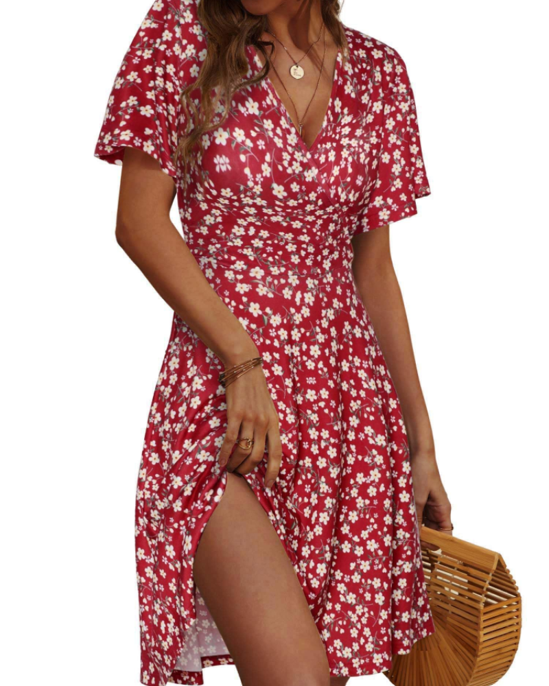Kelsey Robe Midi Fleurie Femme – Robe Portefeuille Col V Taille Haute Manches Volantées