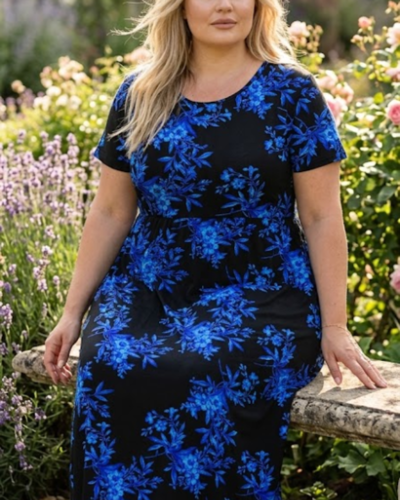 Adice Robe Maxi Grande Taille Femme – Robe Longue Fluide Col Rond avec Poches & Taille Élastique