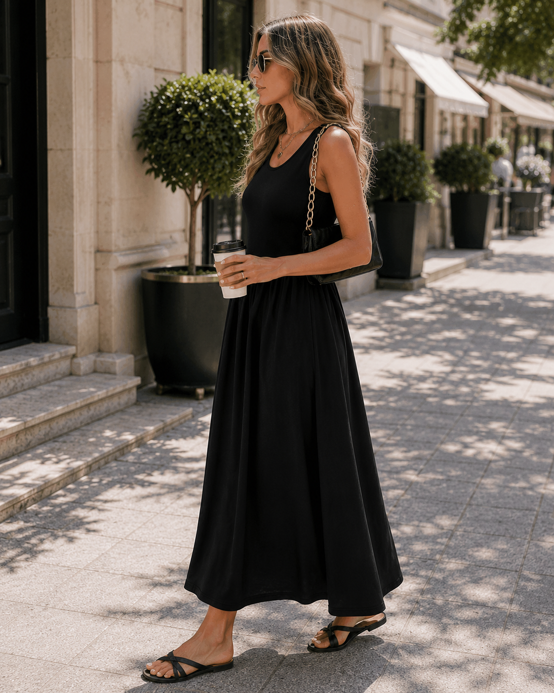 Sukienka Lina damska – długa sukienka w kwiaty w stylu boho, okrągły dekolt, bez rękawów, kieszenie, lato