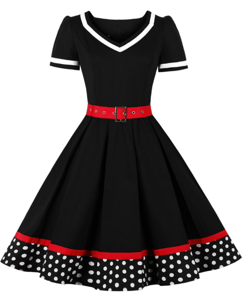 Dámské šaty Whitney ve stylu pin-up z 50. let – rockabilly šaty s puntíky, srdíčkovým výstřihem a páskem
