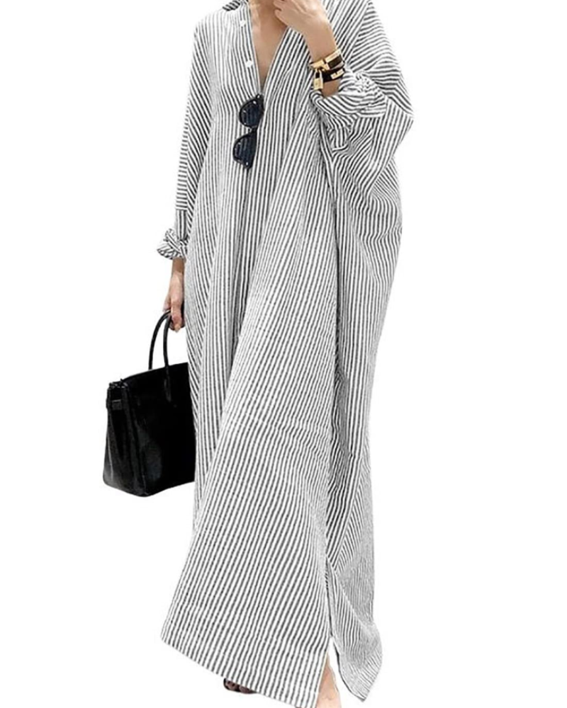 Vestito Chemise Maxi da Donna Lara – Cotone a Righe con Maniche Lunghe e Bottoni