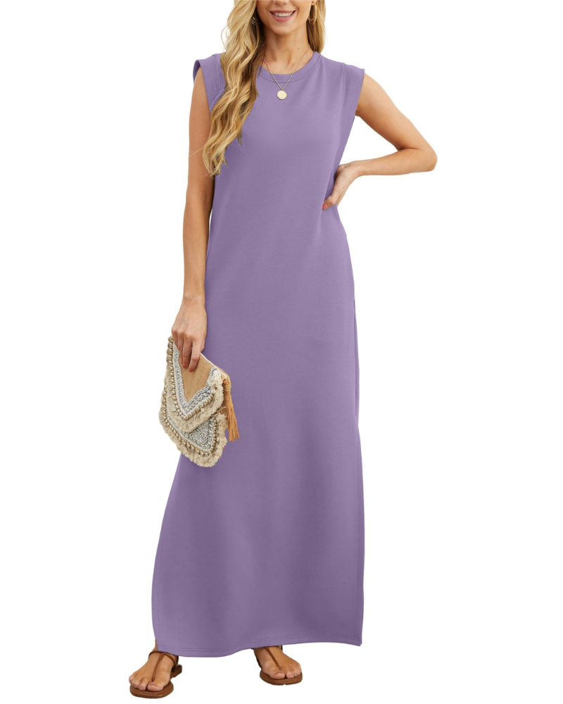 Vestito lungo estivo da donna Erin – senza maniche, collo tondo, spacco e tasche