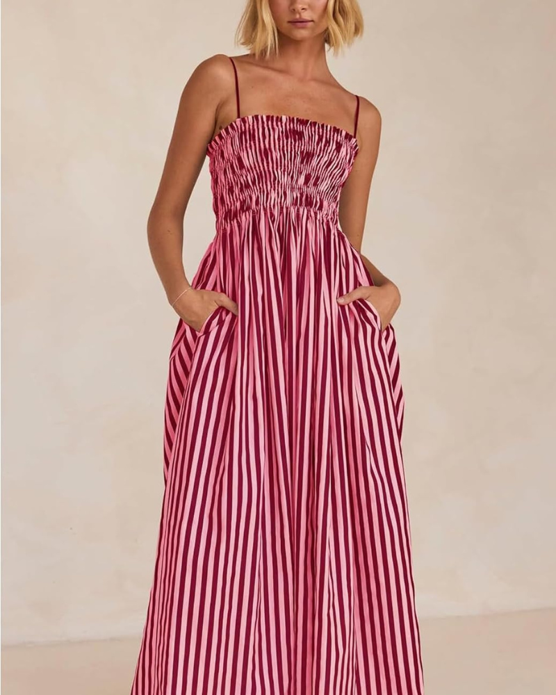 Berta Robe Femme Maxi Rayée – Bretelles Fines, Coupe Fluide, Dos Smocké Été