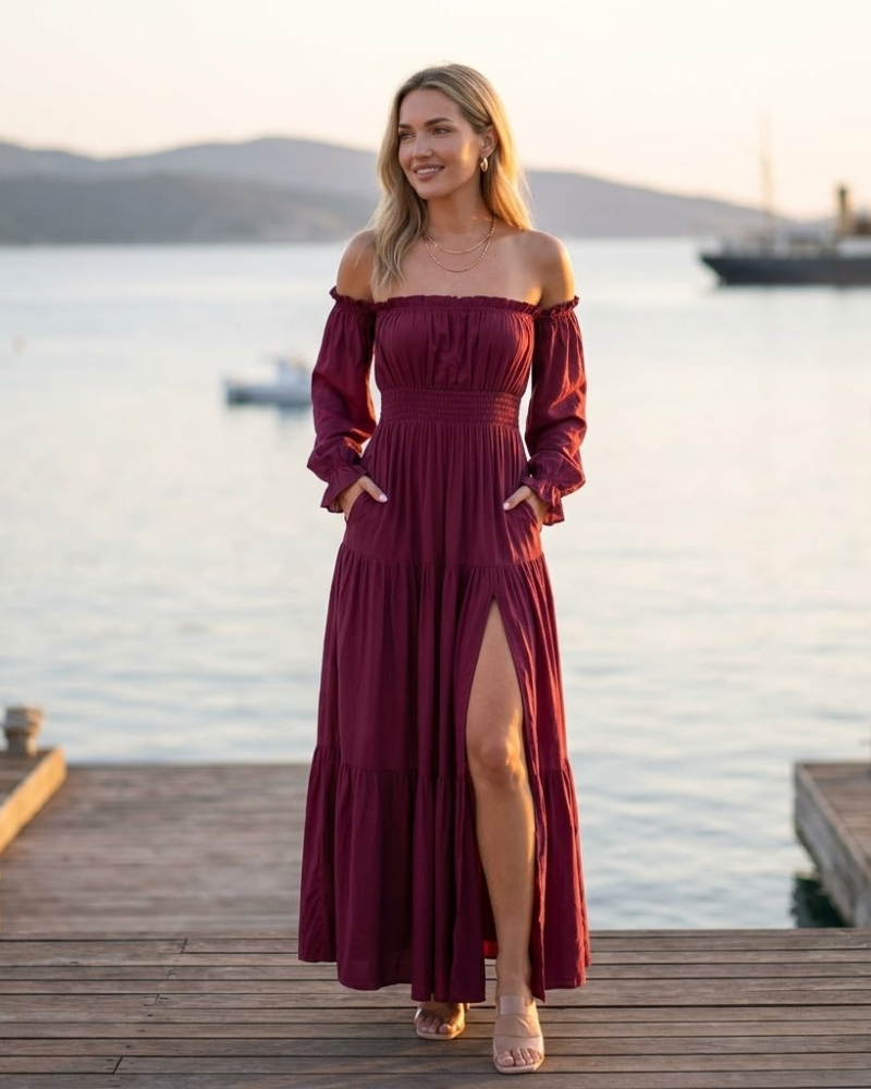 Sophie Robe Maxi Femme – Robe Bohème Épaules Dénudées Fendue Taille Smockée