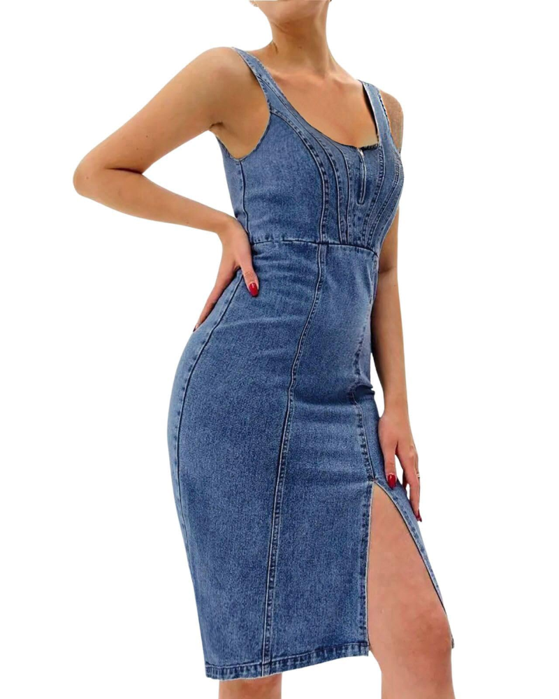 Vestito Midi Bodycon da Donna Maisie in Jeans – Spalline Regolabili e Spacco