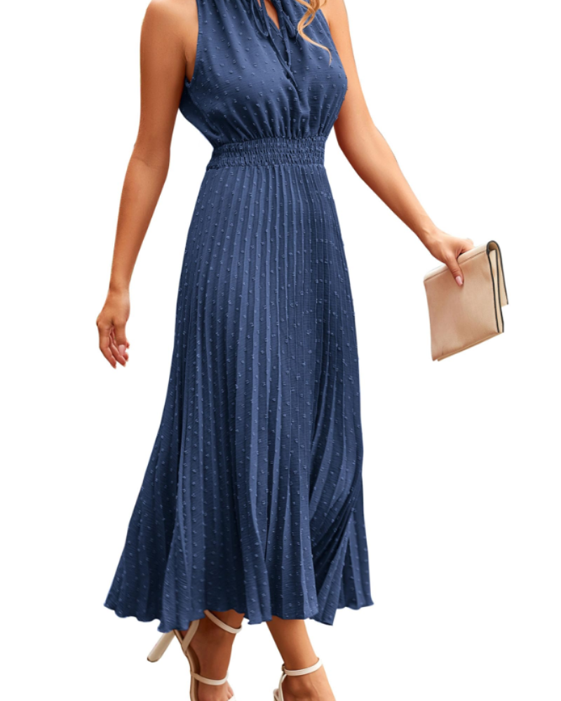 Vestido Vina para Mulher – Vestido Midi com Decote em V, Swiss Dot, Folhos, Sem Mangas, Cintura Alta, Verão