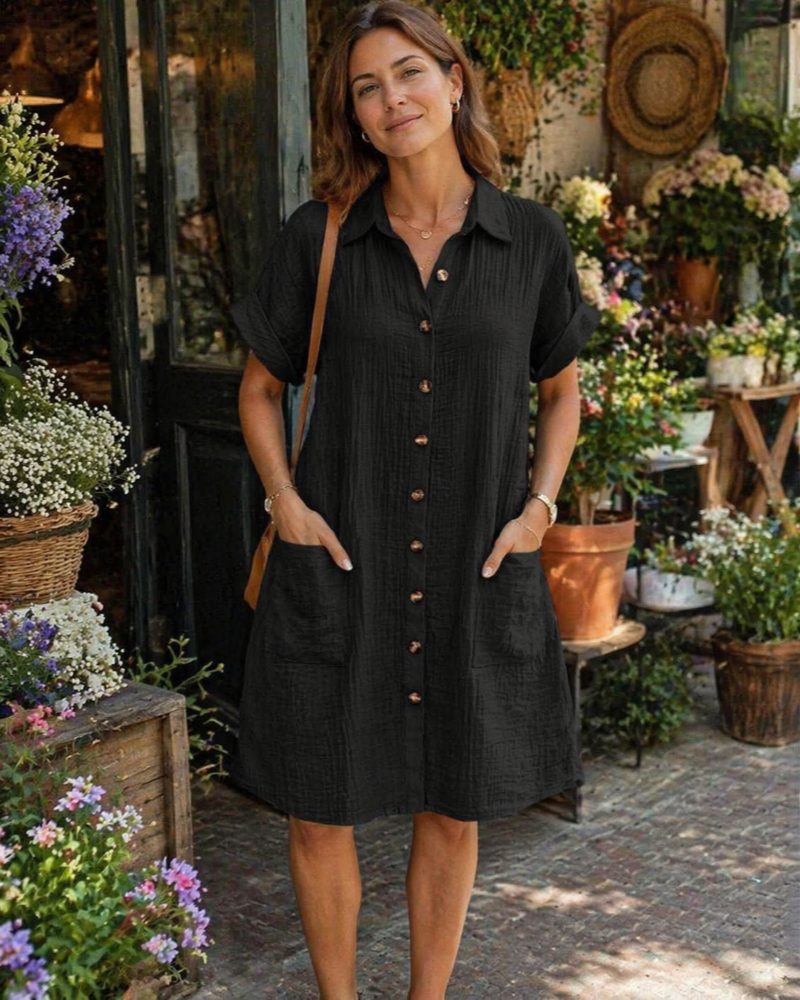 Vestido Yvette para mujer – Vestido camisa con cuello en V abotonado con bolsillos, corte fluido, estilo bohemio chic