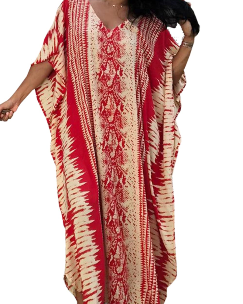Ninna Dámský Kaftan – Dlouhé Bohémské Kimono s Květinovým Potiskem, Plážové Lehoučké Letní Překrytí