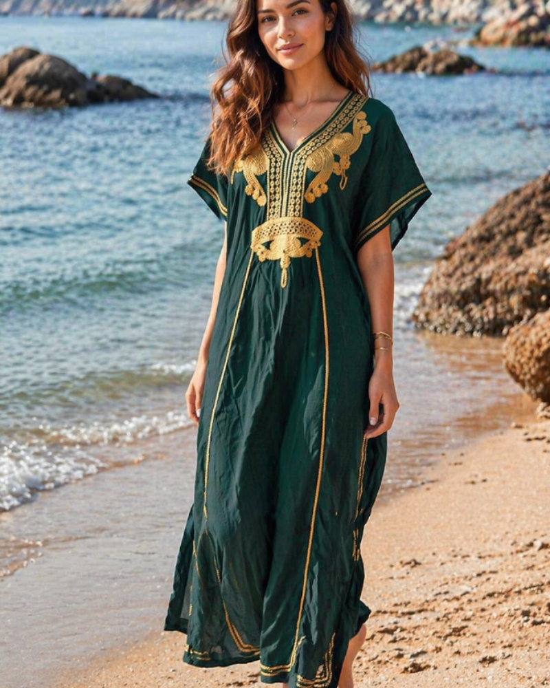 Solea Kaftan-kjole til kvinder – Broderet boheme strandkjole, let og luftig, stor størrelse, sommer cover-up