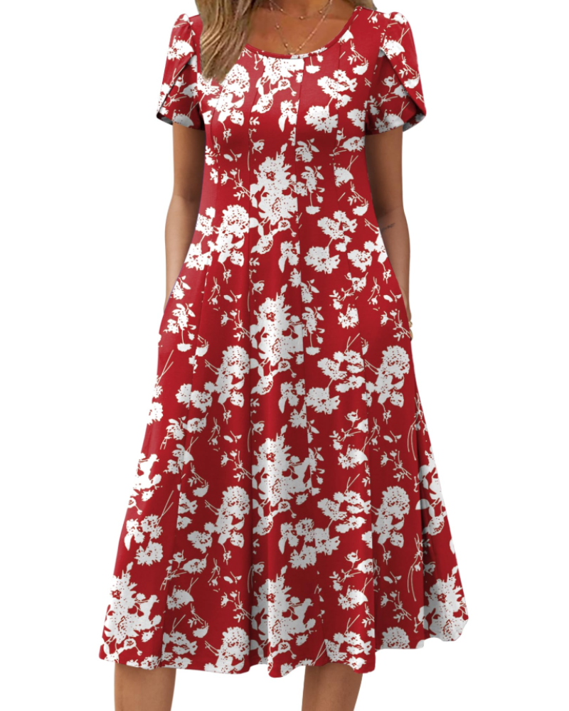 Vestido Camille Mulher – Vestido Midi Floral Corte A Linha Mangas Curtas Bolsos Cintura Alta Verão