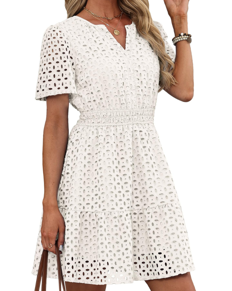Hedwig Robe Femme – Col V Dentelle Brodée, Manches Courtes & Coupe Mini Taille Haute Été