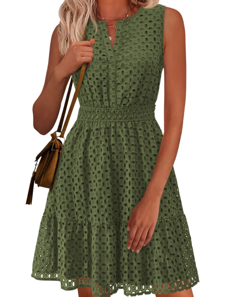 Vestido Clarisse Mulher – Vestido de Verão A-Line Decote em V Sem Mangas Bordado Inglês Cintura Elástica
