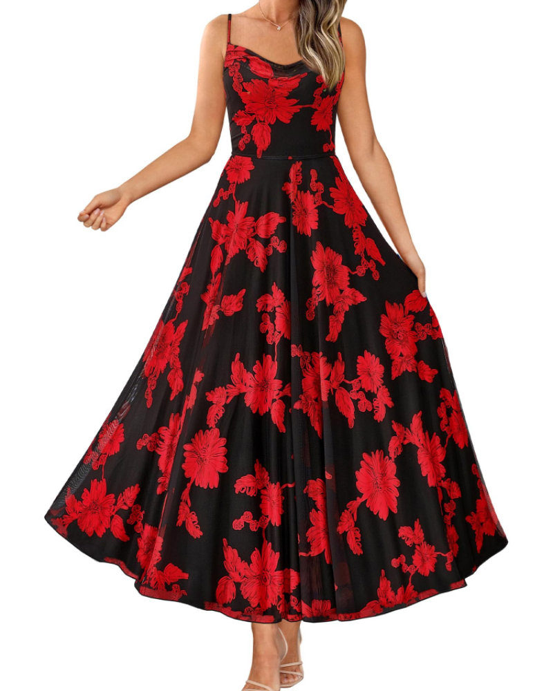 Denise Robe Femme – Robe Maxi Fleurie Bretelles Fines Col Drapé Coupe A-Line Élégante