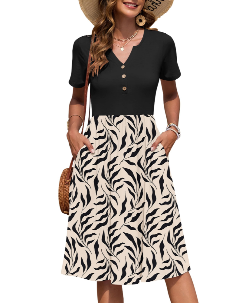 Ester Damenkleid – Midikleid für den Sommer mit V-Ausschnitt, kurzen Ärmeln, Knopfleiste, Empire-Taille und Taschen