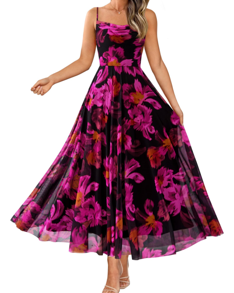 Denise Robe Femme – Robe Maxi Fleurie Bretelles Fines Col Drapé Coupe A-Line Élégante