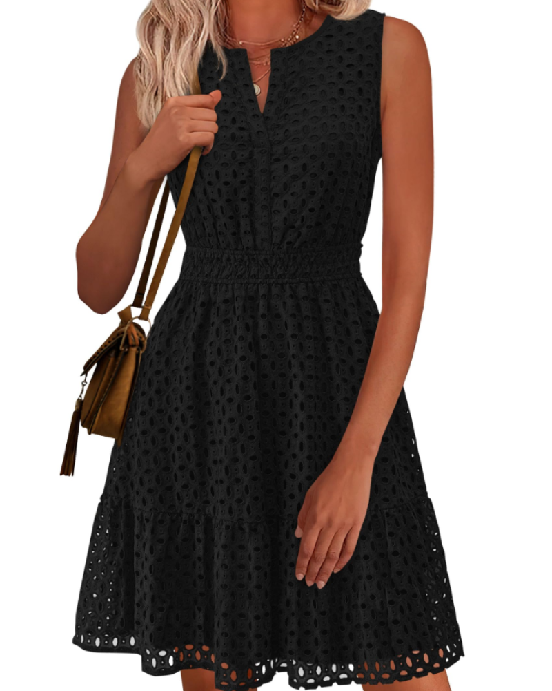 Vestido Clarisse Mulher – Vestido de Verão A-Line Decote em V Sem Mangas Bordado Inglês Cintura Elástica