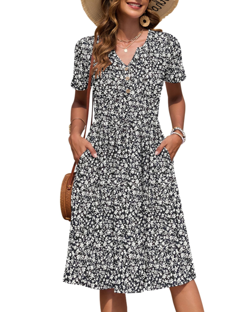 Ester Damenkleid – Midikleid für den Sommer mit V-Ausschnitt, kurzen Ärmeln, Knopfleiste, Empire-Taille und Taschen
