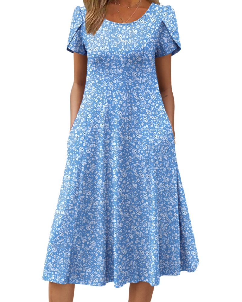 Vestido Camille Mulher – Vestido Midi Floral Corte A Linha Mangas Curtas Bolsos Cintura Alta Verão