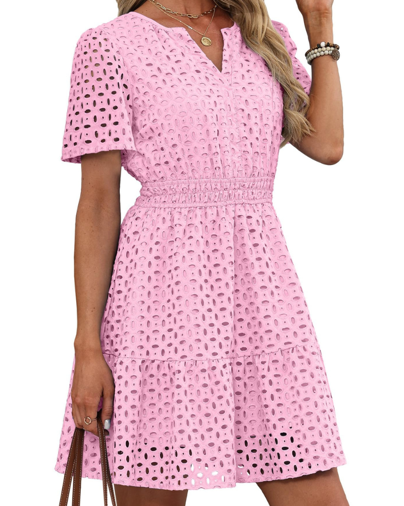 Hedwig Robe Femme – Col V Dentelle Brodée, Manches Courtes & Coupe Mini Taille Haute Été