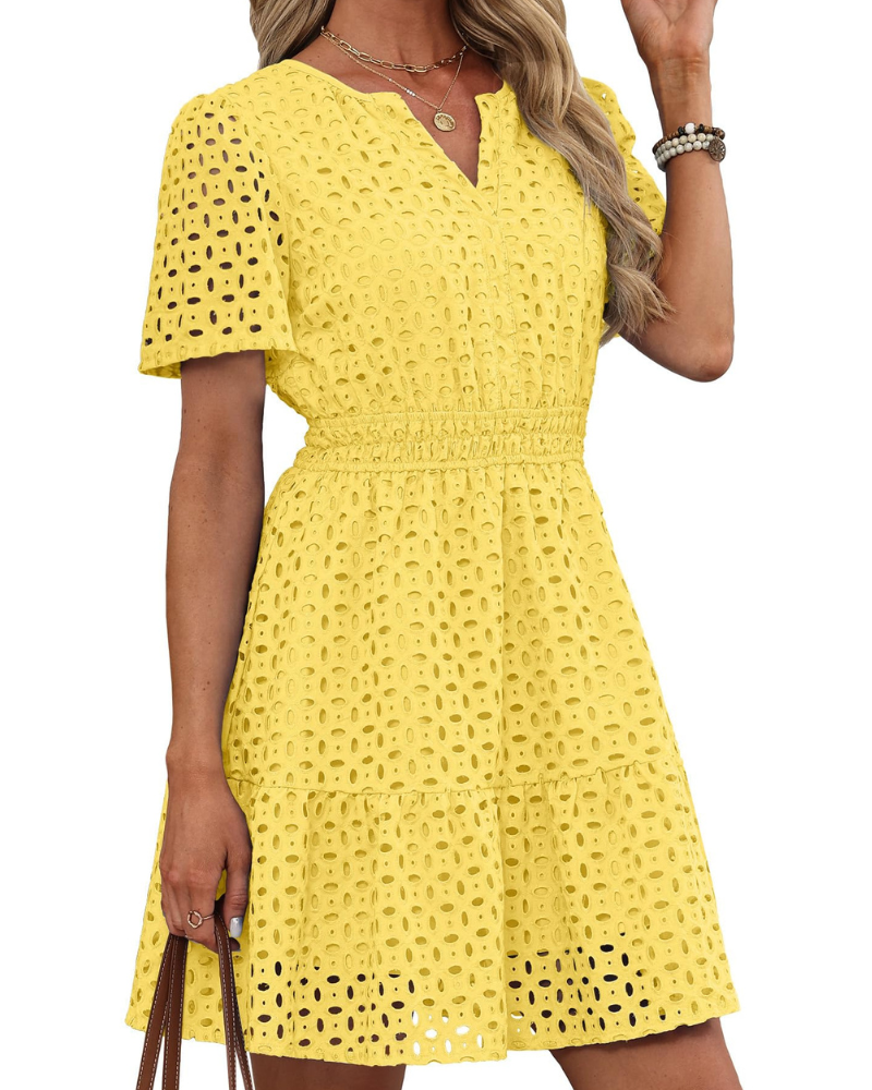 Hedwig Robe Femme – Col V Dentelle Brodée, Manches Courtes & Coupe Mini Taille Haute Été