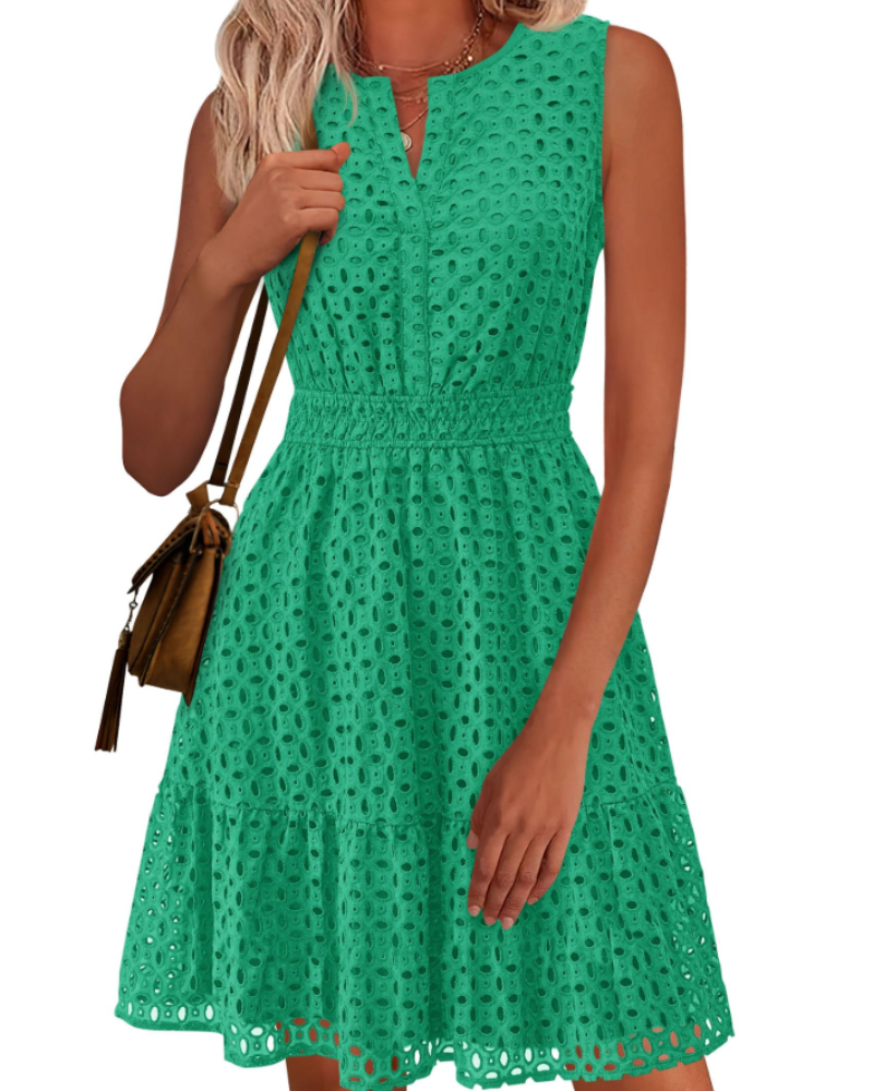 Vestido Clarisse Mulher – Vestido de Verão A-Line Decote em V Sem Mangas Bordado Inglês Cintura Elástica