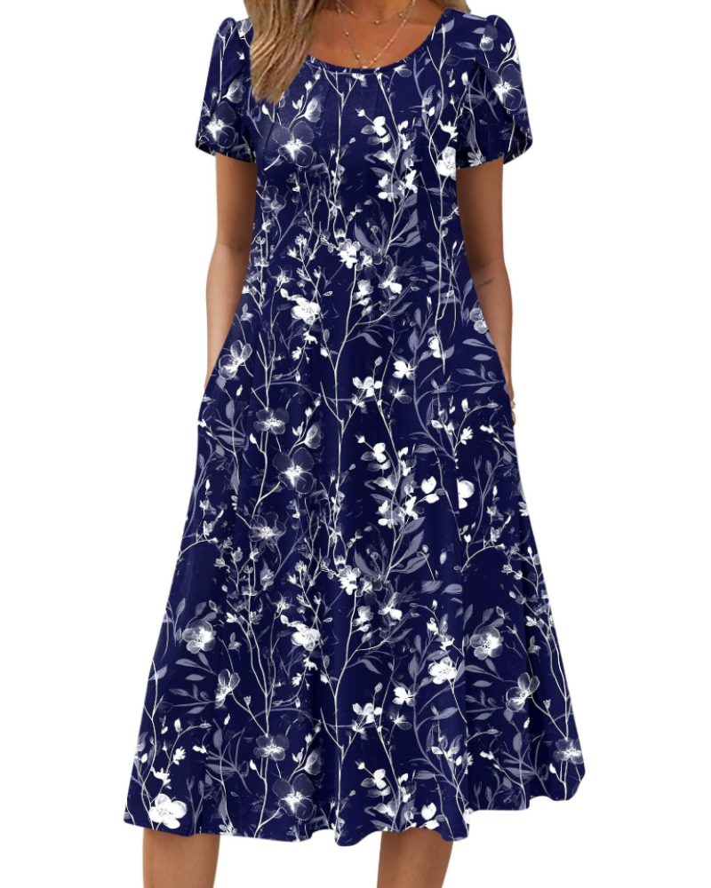 Vestido Camille Mulher – Vestido Midi Floral Corte A Linha Mangas Curtas Bolsos Cintura Alta Verão