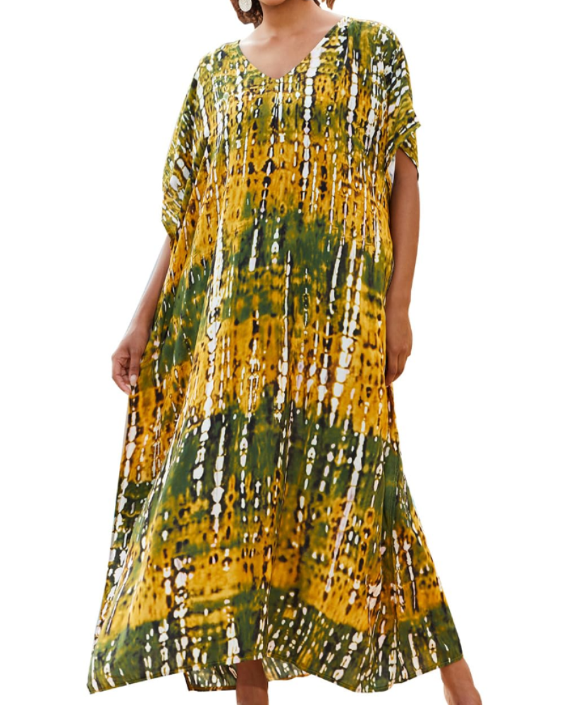Ninna Dámský Kaftan – Dlouhé Bohémské Kimono s Květinovým Potiskem, Plážové Lehoučké Letní Překrytí