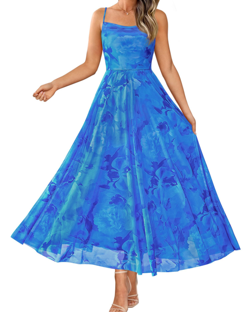 Denise Robe Femme – Robe Maxi Fleurie Bretelles Fines Col Drapé Coupe A-Line Élégante
