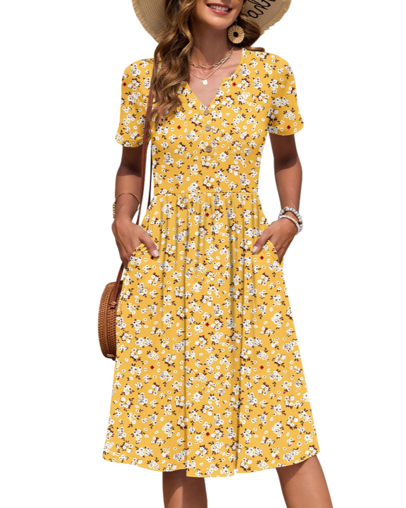Ester Damenkleid – Midikleid für den Sommer mit V-Ausschnitt, kurzen Ärmeln, Knopfleiste, Empire-Taille und Taschen