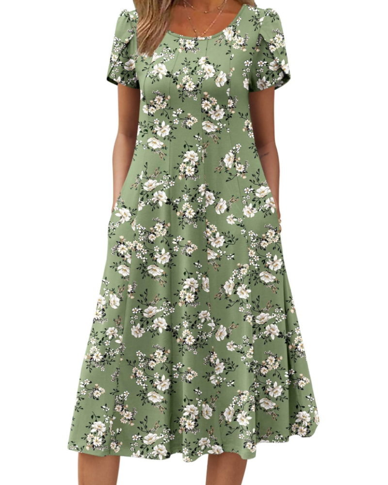 Vestido Camille Mulher – Vestido Midi Floral Corte A Linha Mangas Curtas Bolsos Cintura Alta Verão