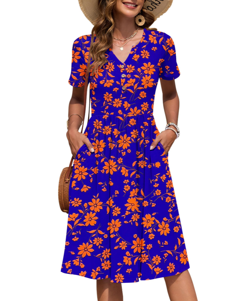 Ester Damenkleid – Midikleid für den Sommer mit V-Ausschnitt, kurzen Ärmeln, Knopfleiste, Empire-Taille und Taschen