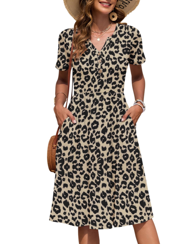 Ester Damenkleid – Midikleid für den Sommer mit V-Ausschnitt, kurzen Ärmeln, Knopfleiste, Empire-Taille und Taschen
