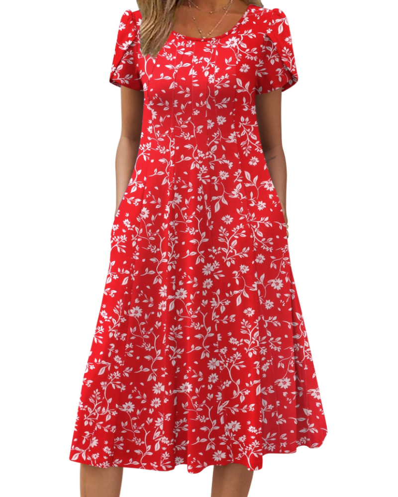 Vestido Camille Mulher – Vestido Midi Floral Corte A Linha Mangas Curtas Bolsos Cintura Alta Verão
